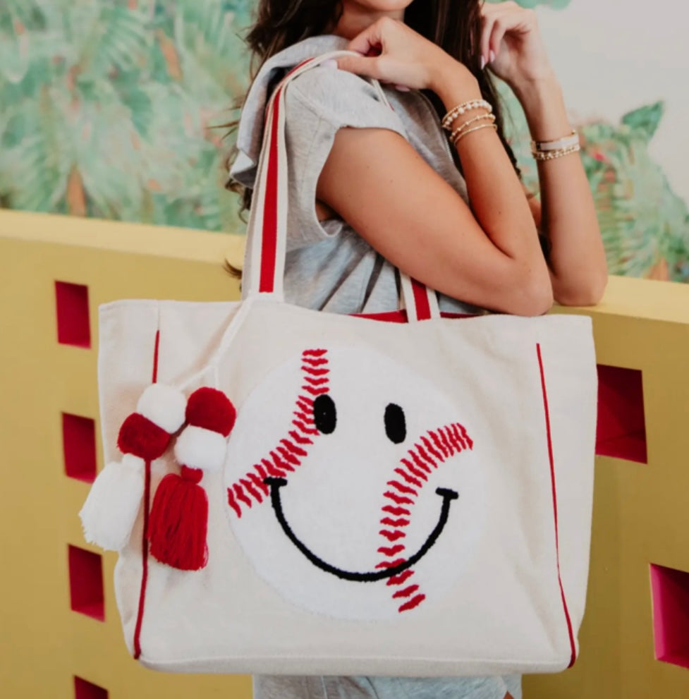 Baseball Smiley Face Oversized Tote