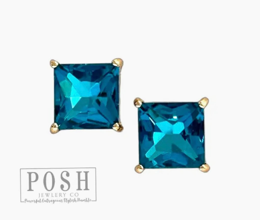 Jocelyn Square Rhinestone Earrings - Blue